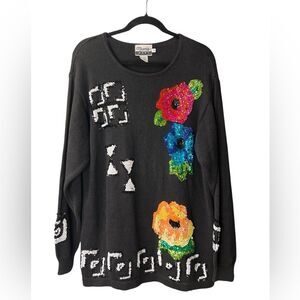 Vintage Marnie West Black Sequin Beaded Floral Ramie Cotton Sweater - Size‎ M